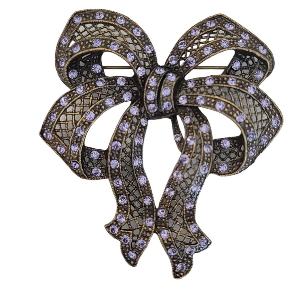 Sweet Romance Bronze Tone Purple Rhinestone Bow Brooch, Signed K354